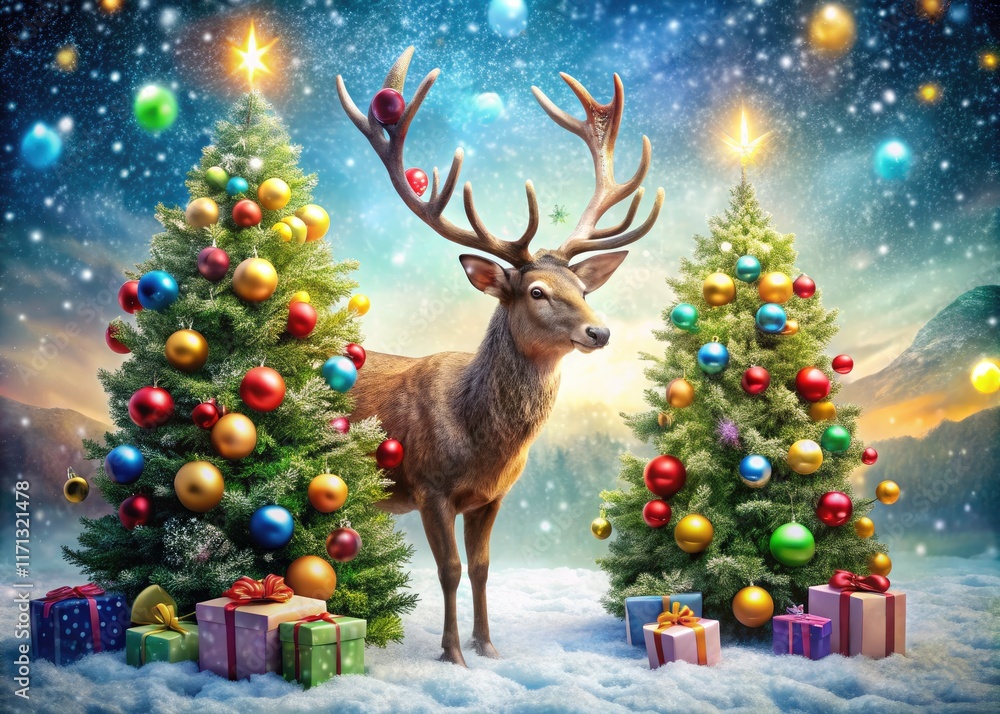 Reindeer fly amidst twinkling Christmas trees and presents; a double exposure holiday masterpiece. Reindeer fly amidst twinkling Christmas trees and presents; a double exposure holiday masterpiece.