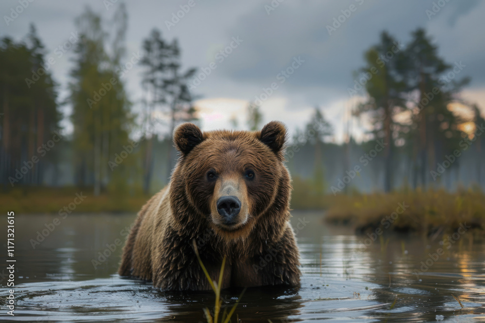 brown bear against the background of a lake,. brown bear against the background of a lake,.