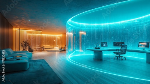 Vibrant futuristic digital office interior with electric blue and orange lighting