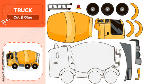 Printable Cut and Glue Game for Kids to Assemble a Concrete Mixer Truck Car