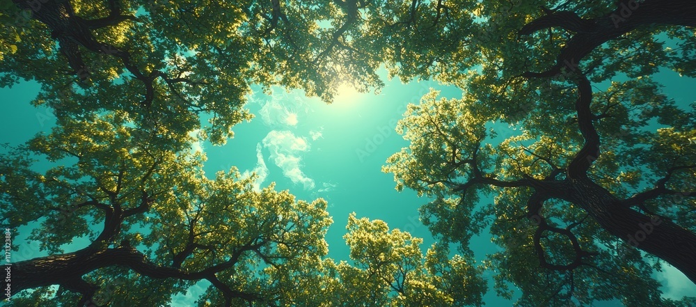 Fototapeta premium Sunlight through lush green canopy of trees.