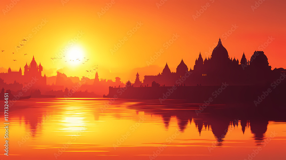 Fototapeta premium Sunset over the ganges river, with the golden light reflecting on the water and distant silhouettes of temples. Twilit. Illustration