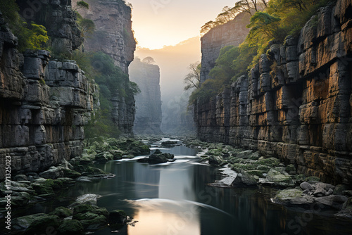 gorge at sunrise possesses a tranquil and motivating atmosphere, characterized by gentle colors, interplay of light and darkness, and transformative influence of morning sun on this remarkable natural photo