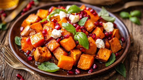 A colorful winter salad featuring roasted sweet potatoes, pomegranate arils, goat cheese, and a honey glaze, beautifully plated on a rustic plate.