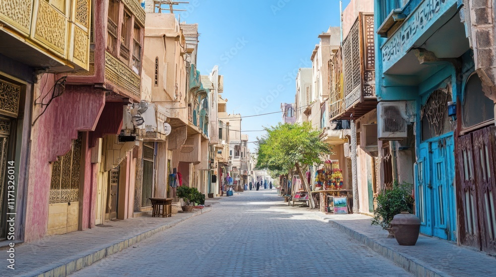 Fototapeta premium Quaint, colorful, narrow street lined with pastel-colored buildings, outdoor shops, and balconies. Sunny day, bright light, traditional Middle Eastern architecture.
