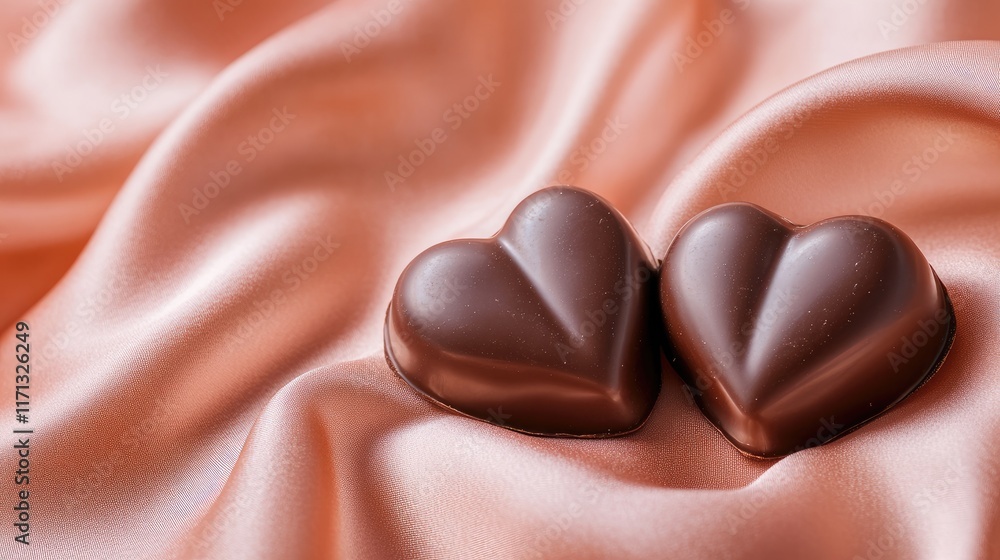 Fototapeta premium Two intertwined chocolate hearts resting on a soft rose-pink silk fabric, illuminated by warm ambient light