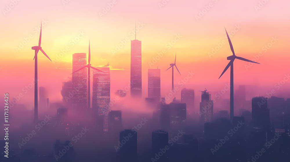 Fototapeta premium Wind turbines stand tall against a hazy skyline of a bustling city at dusk with skyscrapers in the background. generative ai. Twilit. Illustration