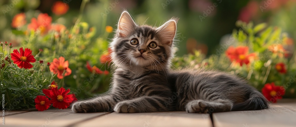 Gray kitten rests near red flowers outdoors. Gray kitten rests near red flowers outdoors.