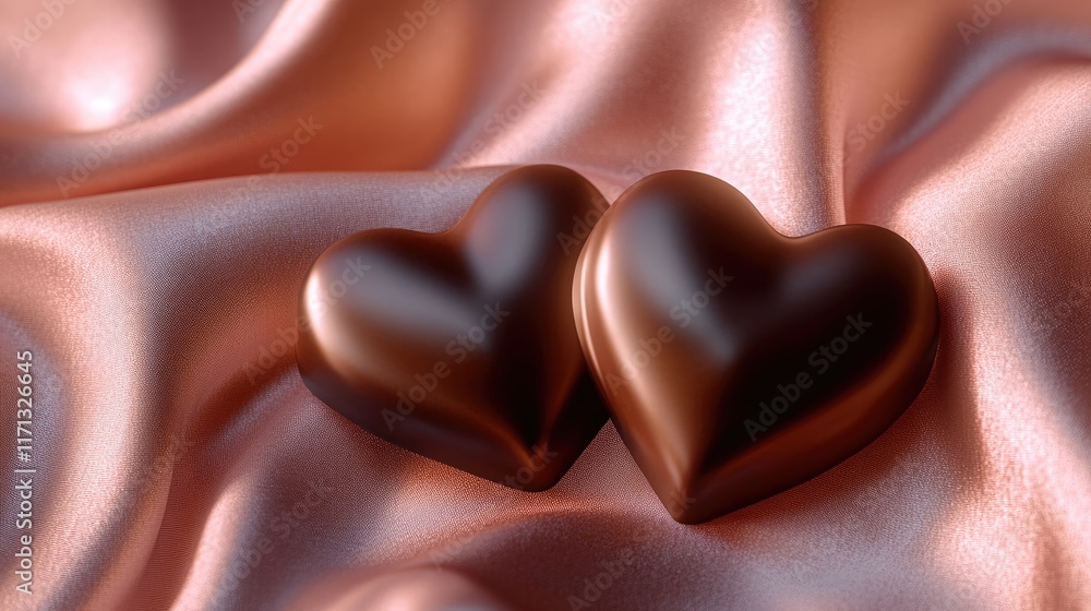 Fototapeta premium Two intertwined chocolate hearts resting on a soft rose-pink silk fabric, illuminated by warm ambient light