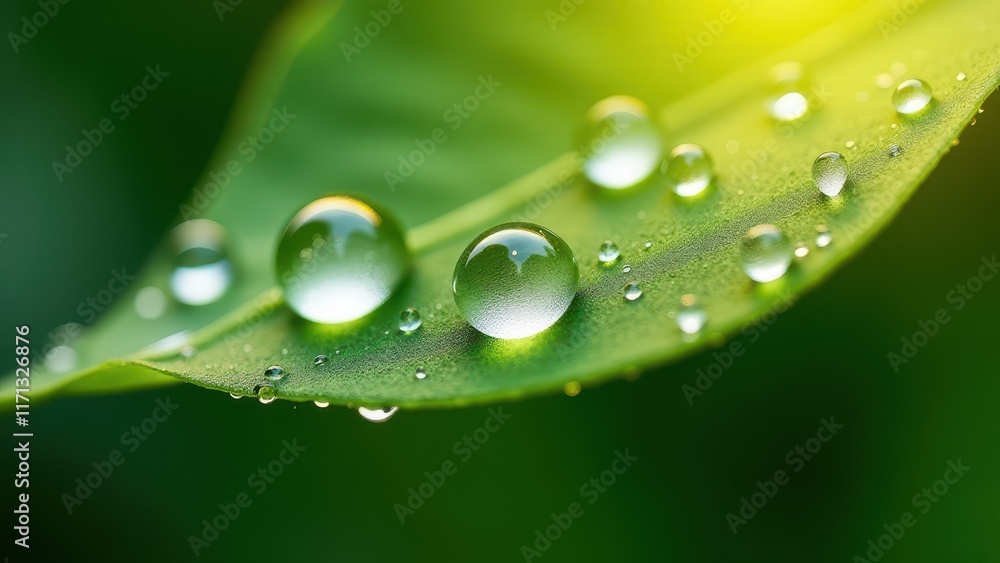 Closeup of Dew Drops on a Leaf Illuminated by Sunlight
Closeup of Dew Drops on a Leaf Illuminated by Sunlight