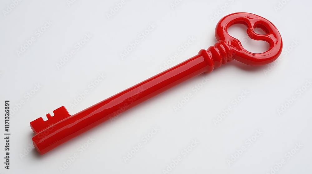 Closeup of red plastic key isolated on white background. new house or home real estate property purchase or buying, owner or agent mortgage rent, apartment gift or loan.
