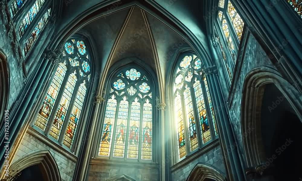 Sunlit Gothic Cathedral Apse with Stained Glass Windows