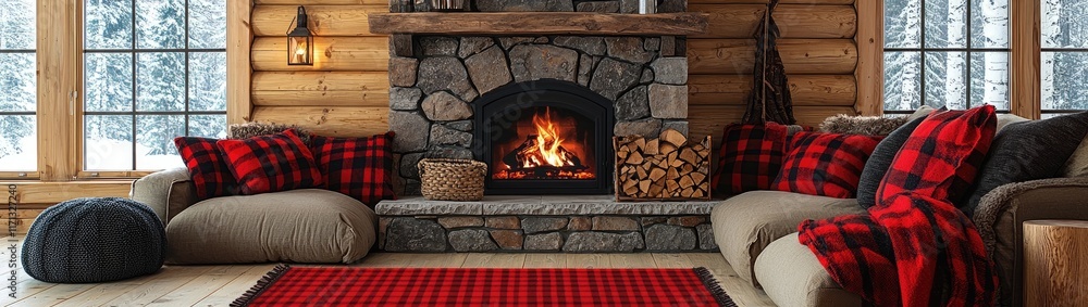 Cozy Log Cabin Living Room with Stone Fireplace and Plaid Warmth Cozy Log Cabin Living Room with Stone Fireplace and Plaid Warmth