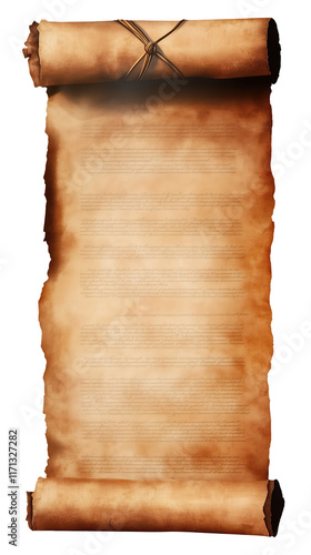 Historic Aged Parchment Scroll with Ancient Text and Rustic Edges Tied with a Leather String