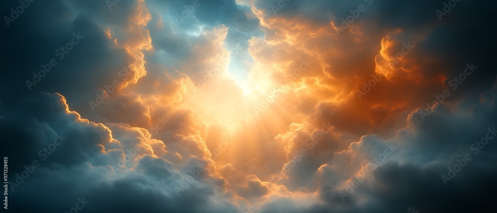 Fototapeta premium Dramatic sunset light breaking through dark clouds.