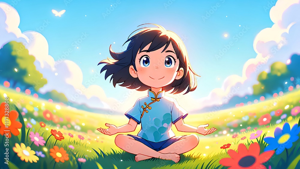 Happy girl meditating in vibrant flower field. Happy girl meditating in vibrant flower field.