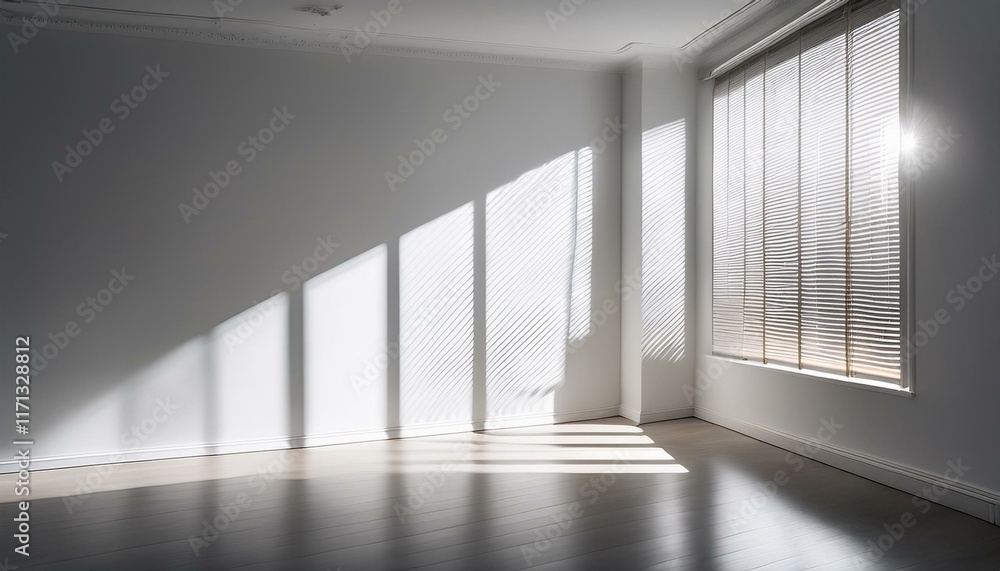 Fototapeta premium a clean white studio wall illuminated by soft filtered light from a nearby window the shadows of blinds and a window frame are sharply defined creating a gobo lighting effect that adds dynamic
