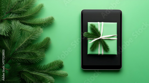 Online shopping on a tablet with 'Green Monday Sale' banner, festive and eco-conscious photo