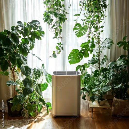 Portable Air Conditioner. A sleek portable air conditioner surrounded by lush indoor plants near a sunlit window. photo