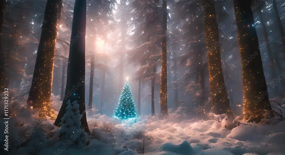 Magical forest with christmas trees and shiny lights 4K