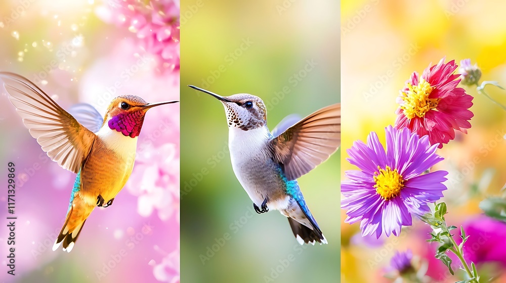 Naklejka premium Three hummingbirds in flight near colorful flowers, nature background.