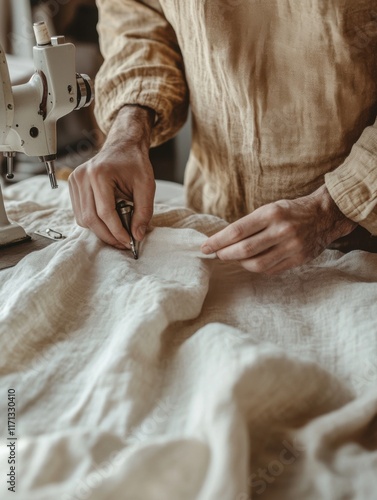 Tailor sewing garment with sustainable fabric in artisan workshop setting photo