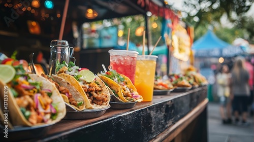 Delicious Tacos and Refreshing Drinks at a Food Truck Festival