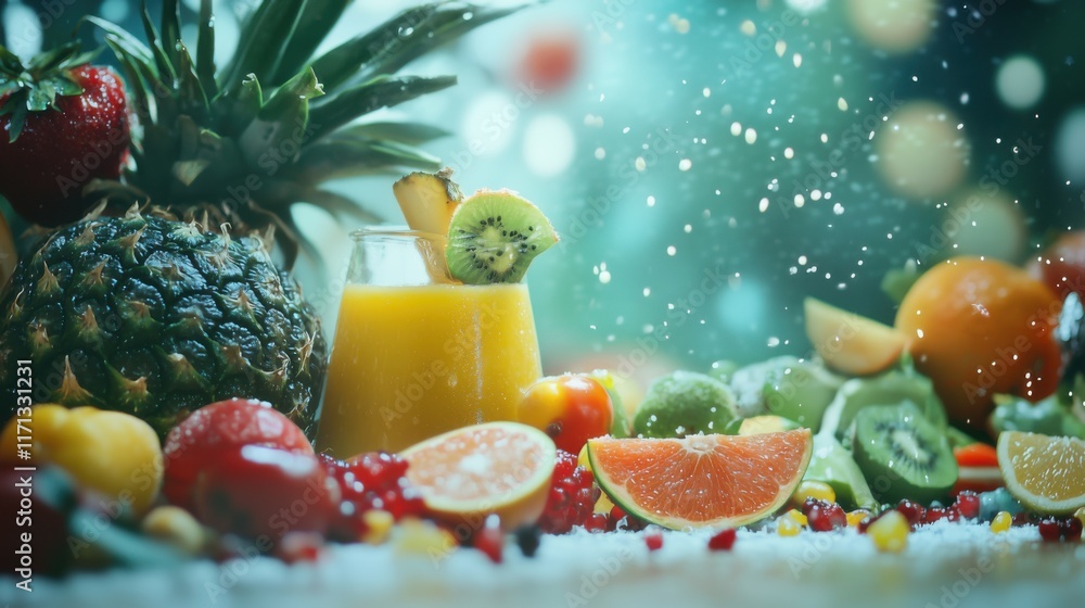 Refreshing tropical fruit display with juice and vibrant colors during a festive gathering Refreshing tropical fruit display with juice and vibrant colors during a festive gathering