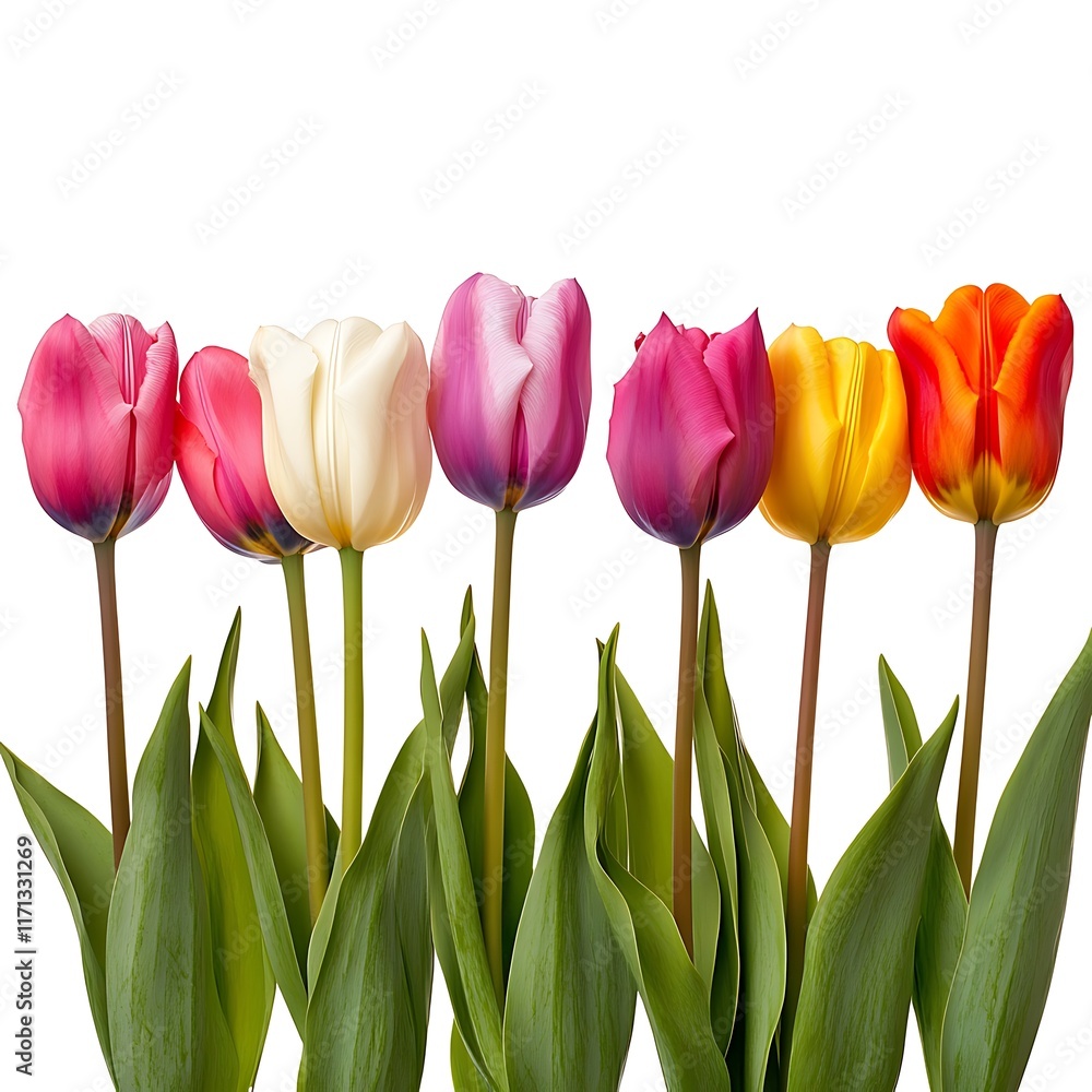 Obraz premium Bouquet of colorful tulips isolated on white background. Top view.