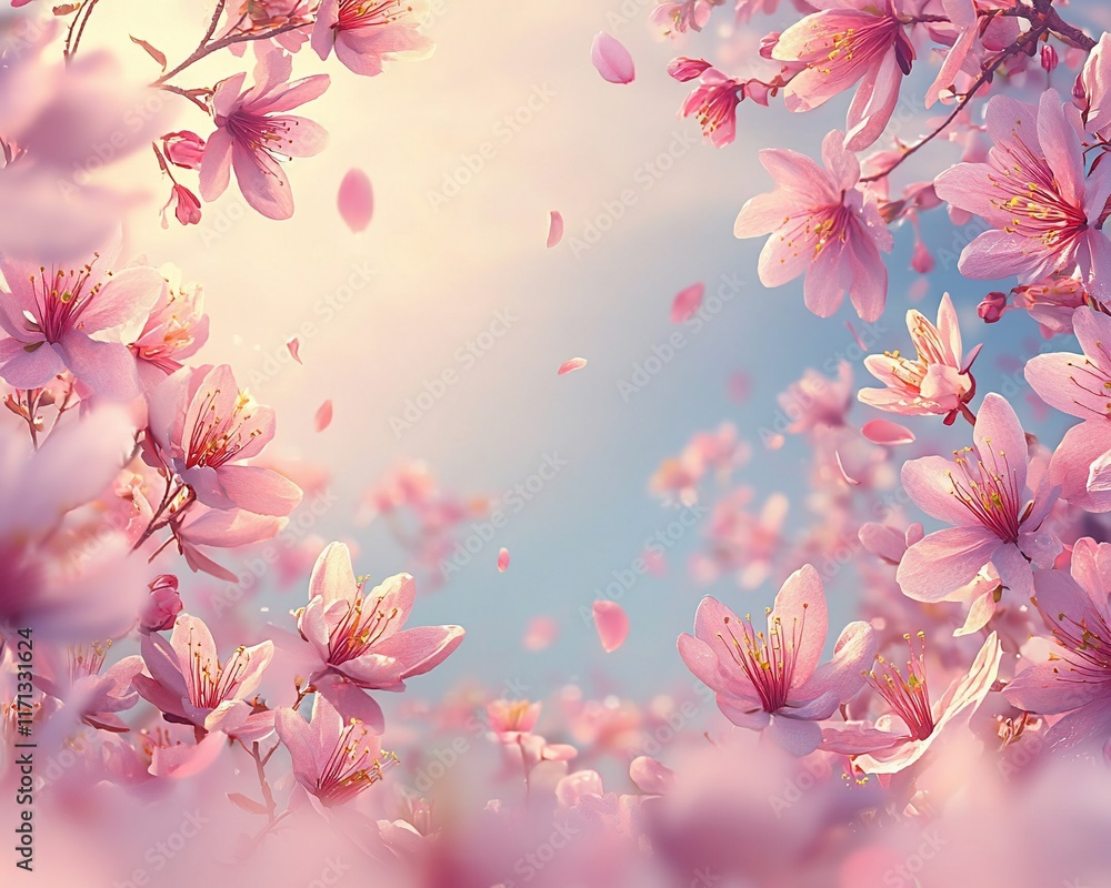 Fototapeta premium Pink cherry blossoms falling on a sunny day.
