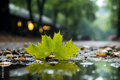 impact of rain on surroundings, including its ability to intensify leaf colors and form patterns on ground photo