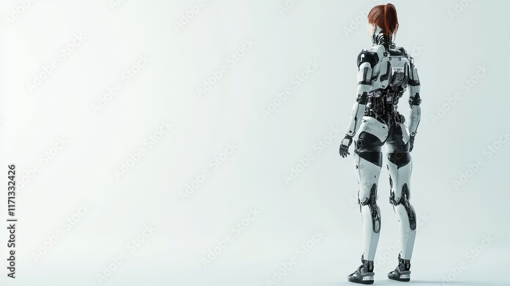 A humanoid robot stands in profile against a minimalist background, showcasing advanced design. A humanoid robot stands in profile against a minimalist background, showcasing advanced design.