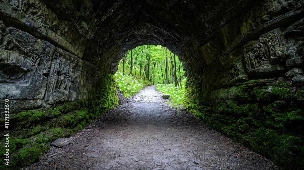 Mystical Ancient Tunnel Carved into Mountain Surrounded by Lush Greenery Mystical Ancient Tunnel Carved into Mountain Surrounded by Lush Greenery