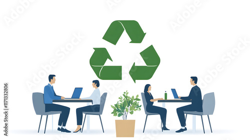 Eco-friendly office practices showcasing green initiatives, sustainable practices, and environmentally conscious office setups, with elements such as plants, recycling, and energy-efficient technologi photo