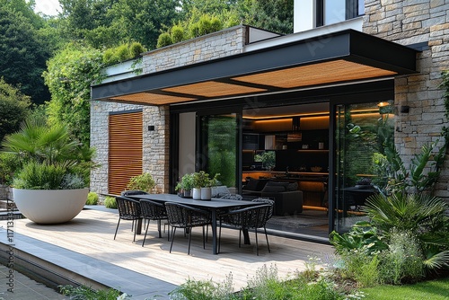  Black rectangular dining table with four chairs on an outdoor terrace of a modern villa in Italy, surrounded by white walls, wooden slats, and green plants.