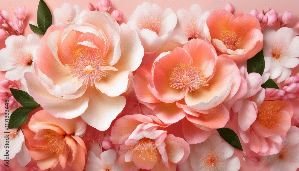 Soft peach and pink blossoms create a romantic floral arrangement. Soft peach and pink blossoms create a romantic floral arrangement.