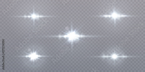 Light effect of white glowing light. Solar flare. Glow effect. Starbursts with twinkling highlights. Beautiful light effect of flickering highlights. Vector 10 EPS	
