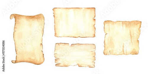 Watercolor old worn yellowed paper with torn edges and unrolled scroll illustration clip art. Templates with empty space for vintage letters or simple text. For greeting card, flyer and invitation