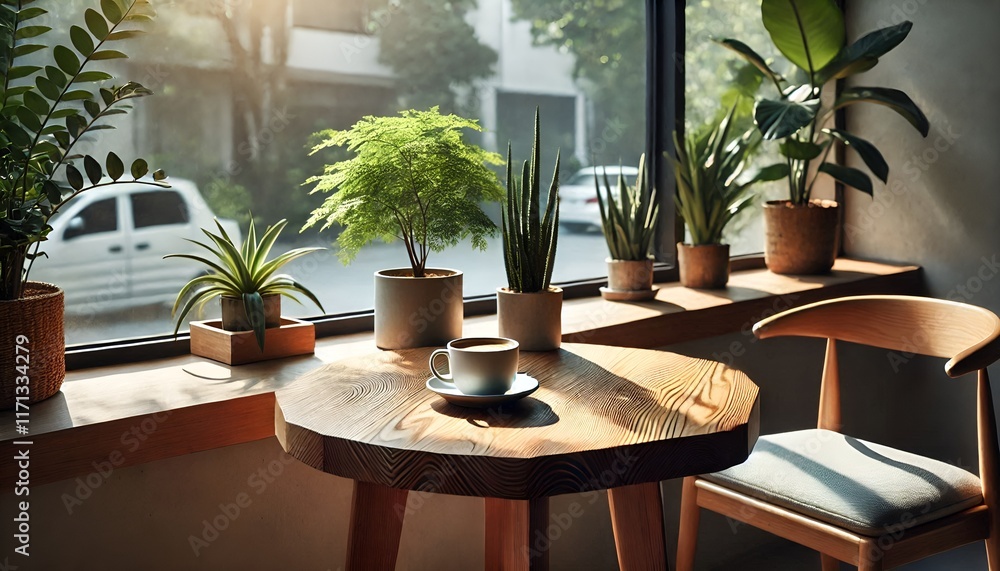 Fototapeta premium table, chairs coffee plants in a cafe / dining room