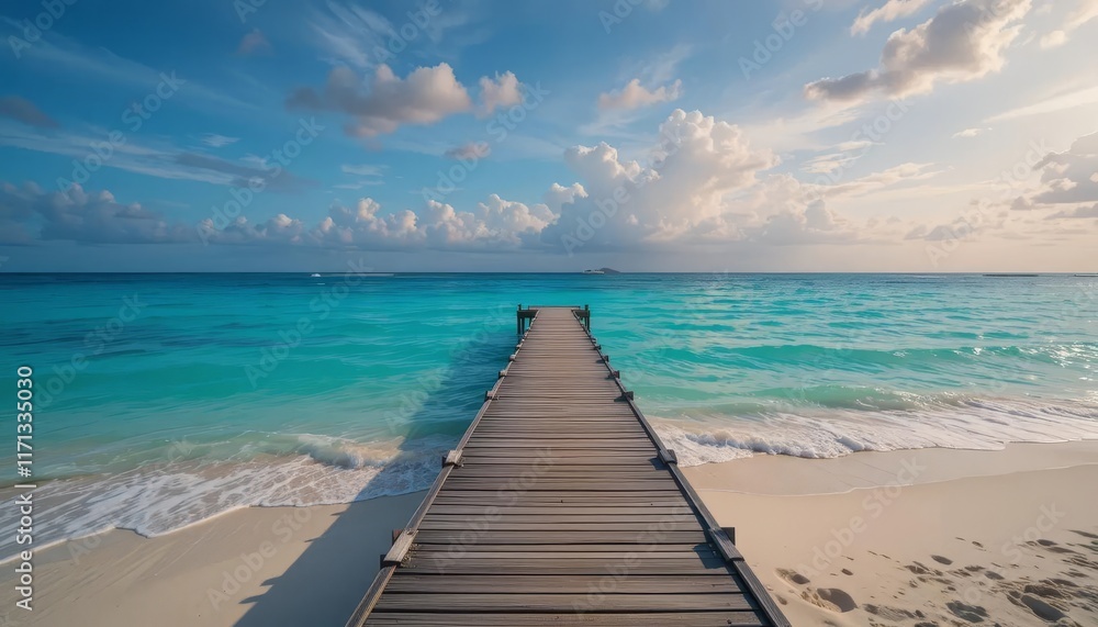 Obraz premium Wooden Pier Leading to a Blue Ocean Under Clear Skies