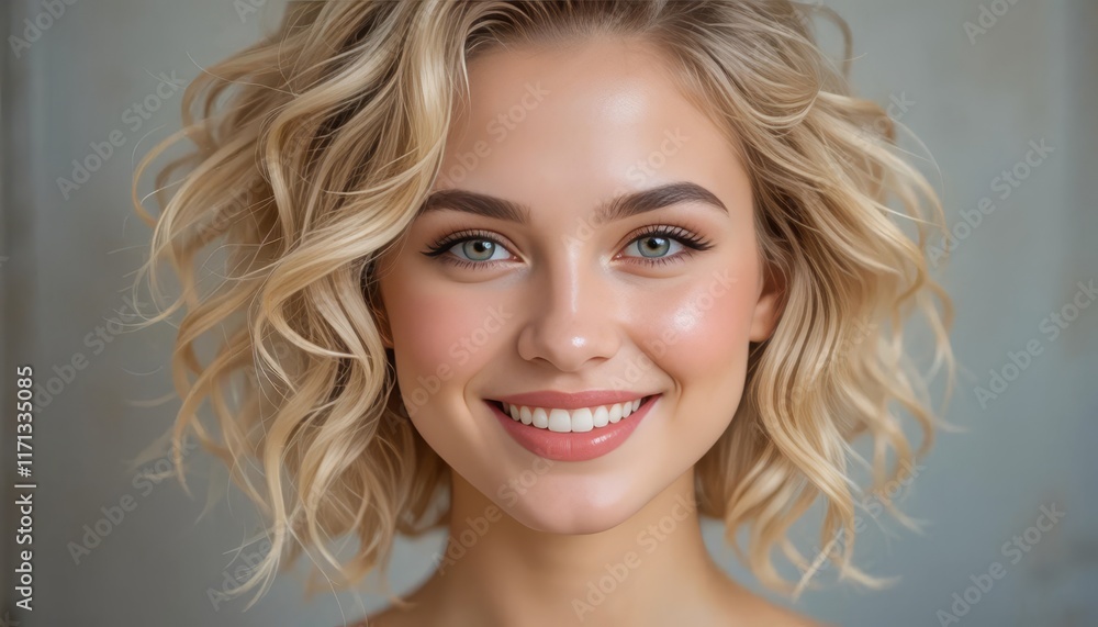 Smiling Woman with Blonde Curly Hair in a Bright Setting Smiling Woman with Blonde Curly Hair in a Bright Setting