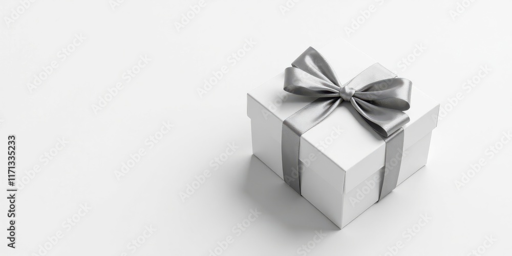 A single white gift box with a silver ribbon bow, elegantly presented on a pristine white background A single white gift box with a silver ribbon bow, elegantly presented on a pristine white background