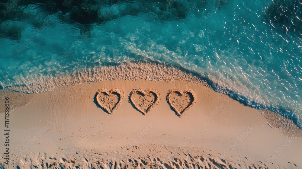Fototapeta premium Three hearts handwritten on sandy beach with ocean wave on background. Three hearts drawn on sand with clear blue sea, copy space. Concept of family honeymoon travel and greetings for valentine's day