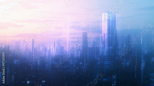 Futuristic Cyberpunk City Skyline at Sunset with Digital Holographic Skyscrapers