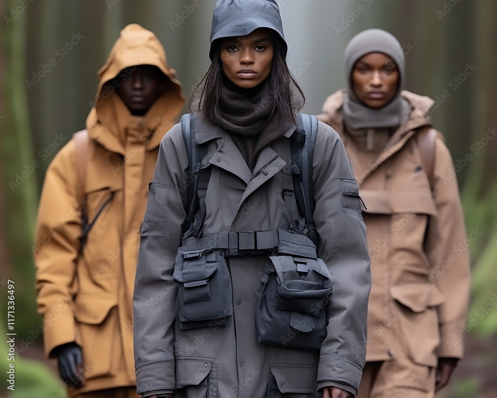 Fototapeta premium Three models in parkas and vests in a forest.