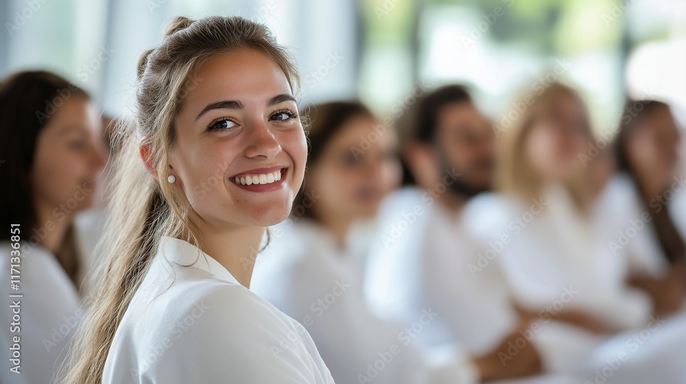 Fototapeta premium Smiling people men and women in white medical suits attending workshop, medicine conference