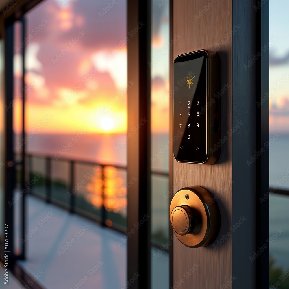 Sunset Smart Lock. A modern, sleek smart door lock with a keypad, installed on a wooden door with a sunset view.