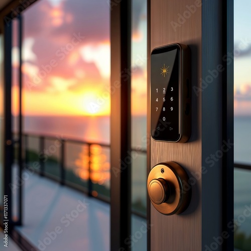 Obraz na płótnie Sunset Smart Lock. A modern, sleek smart door lock with a keypad, installed on a wooden door with a sunset view. w salonie