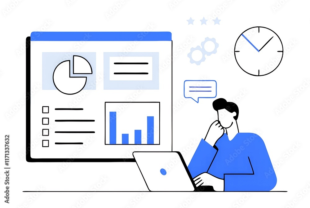 Young caucasian male analyzing data on laptop with graphs and charts in office setting Young caucasian male analyzing data on laptop with graphs and charts in office setting
