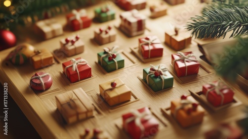 Colorful Christmas gifts arranged on a wooden table surrounded by festive decorations and greenery